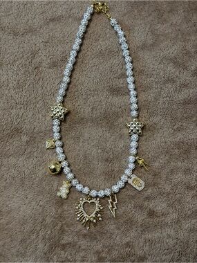 Gold and Clear Crystal Charm Statement Necklace - Women's Jewelry